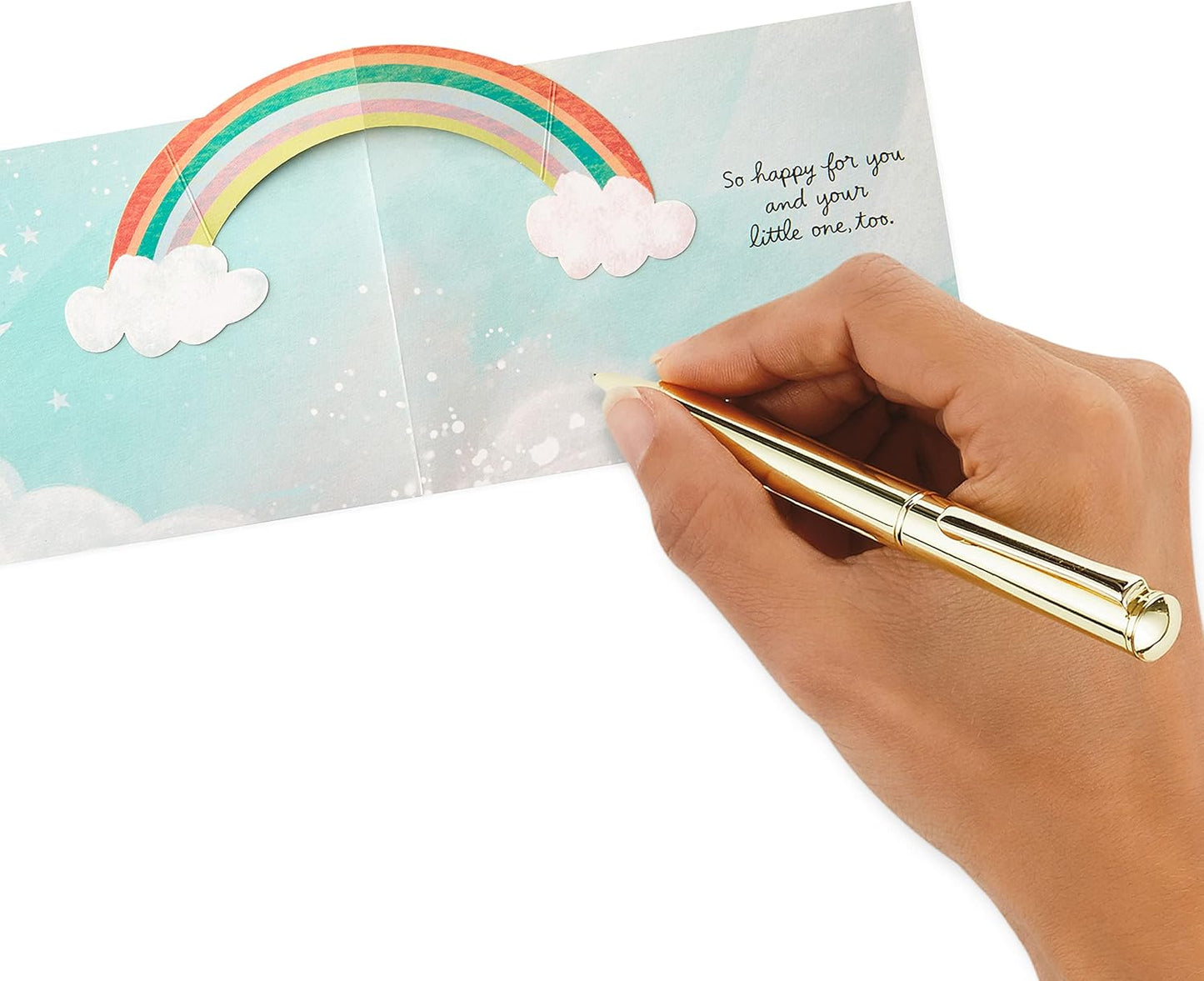 Hallmark Paper Wonder Pop Up Baby Shower Card (Sweet Dream Come True) with pop-up rainbow and handwritten message detail.