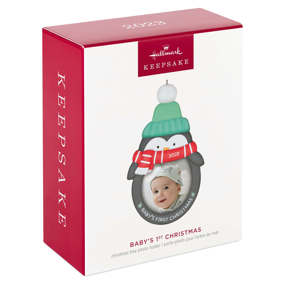 Baby's 1st Christmas (2023) photo frame — Hallmark Keepsake Christmas Ornament, penguin design with red scarf, packaged view.