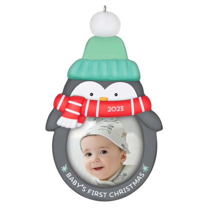 Baby's 1st Christmas (2023) Photo Frame — Hallmark Keepsake Christmas Ornament featuring a penguin design with a photo opening and winter accessories.
