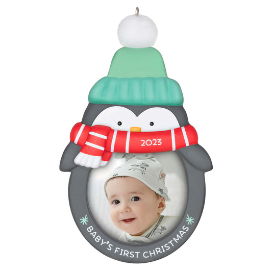 Baby's 1st Christmas (2023) Photo Frame — Hallmark Keepsake Christmas Ornament featuring a penguin design with a photo opening and winter accessories.