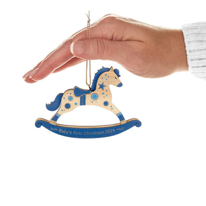 Baby Boy's First Christmas Rocking Horse Wood — Hallmark Keepsake Christmas Ornament in hand, showing blue and gold detailing
