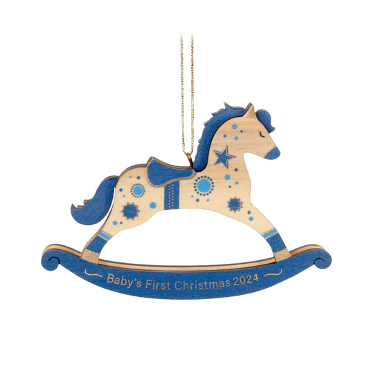 Baby Boy's First Christmas Rocking Horse Wood — Hallmark Keepsake Christmas Ornament, wooden decoration with blue accents, hanging view