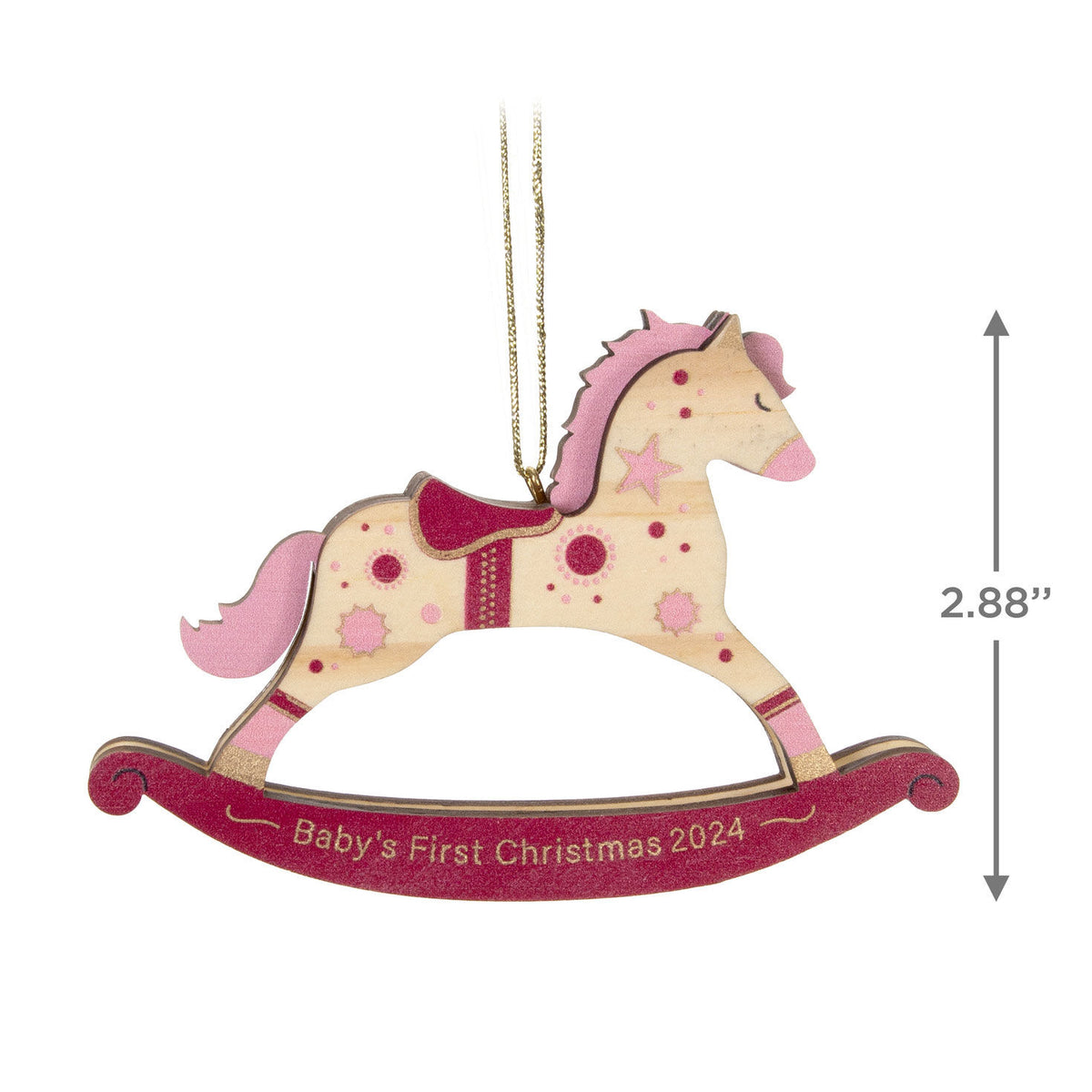 Baby girl's first Christmas rocking horse wood — Hallmark Keepsake Christmas ornament, featuring pink details and year '2024', angled view.