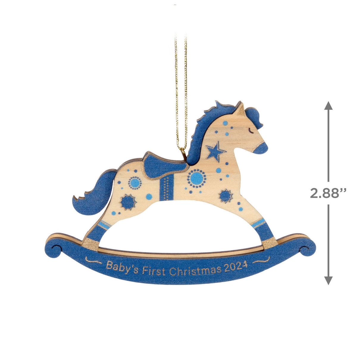 Baby Boy's First Christmas Rocking Horse Wood — Hallmark Keepsake Christmas Ornament in blue and gold accents, featuring a year-dated design, side view.