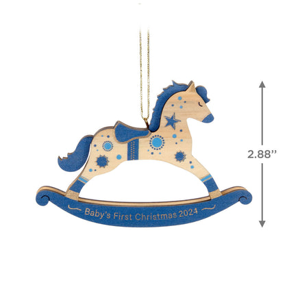 Baby Boy's First Christmas Rocking Horse Wood — Hallmark Keepsake Christmas Ornament in blue and gold accents, featuring a year-dated design, side view.