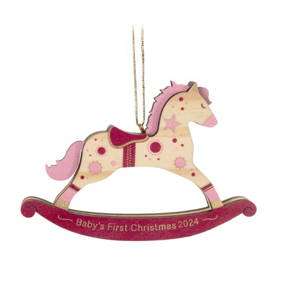 Baby girl's first Christmas rocking horse wood — Hallmark Keepsake Christmas ornament with colourful pink and gold accents.