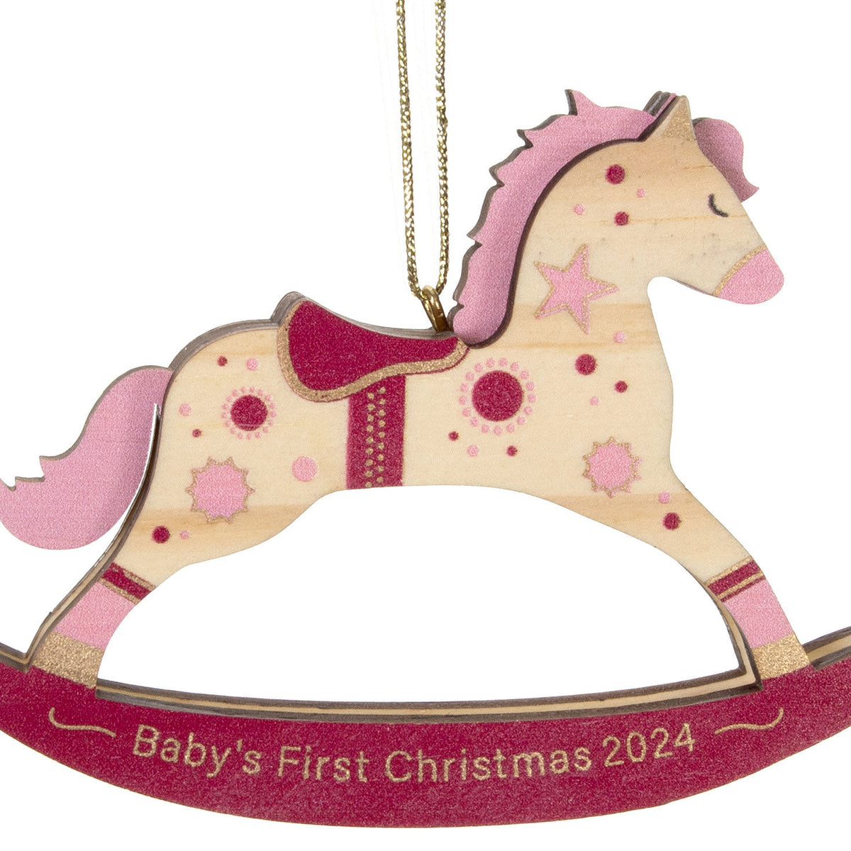 Baby Girl's First Christmas Rocking Horse Wood — Hallmark Keepsake Christmas Ornament in pink and gold with year 2024 detail.