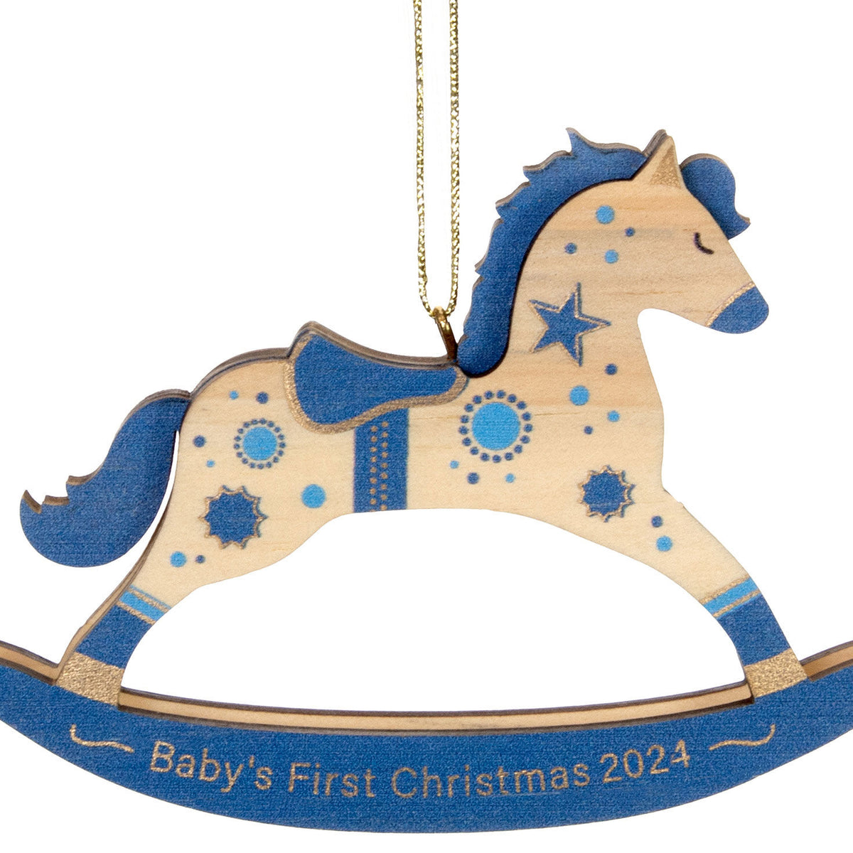 Baby Boy's First Christmas Rocking Horse Wood — Hallmark Keepsake Christmas Ornament, wooden ornament with blue and gold accents, detailed design