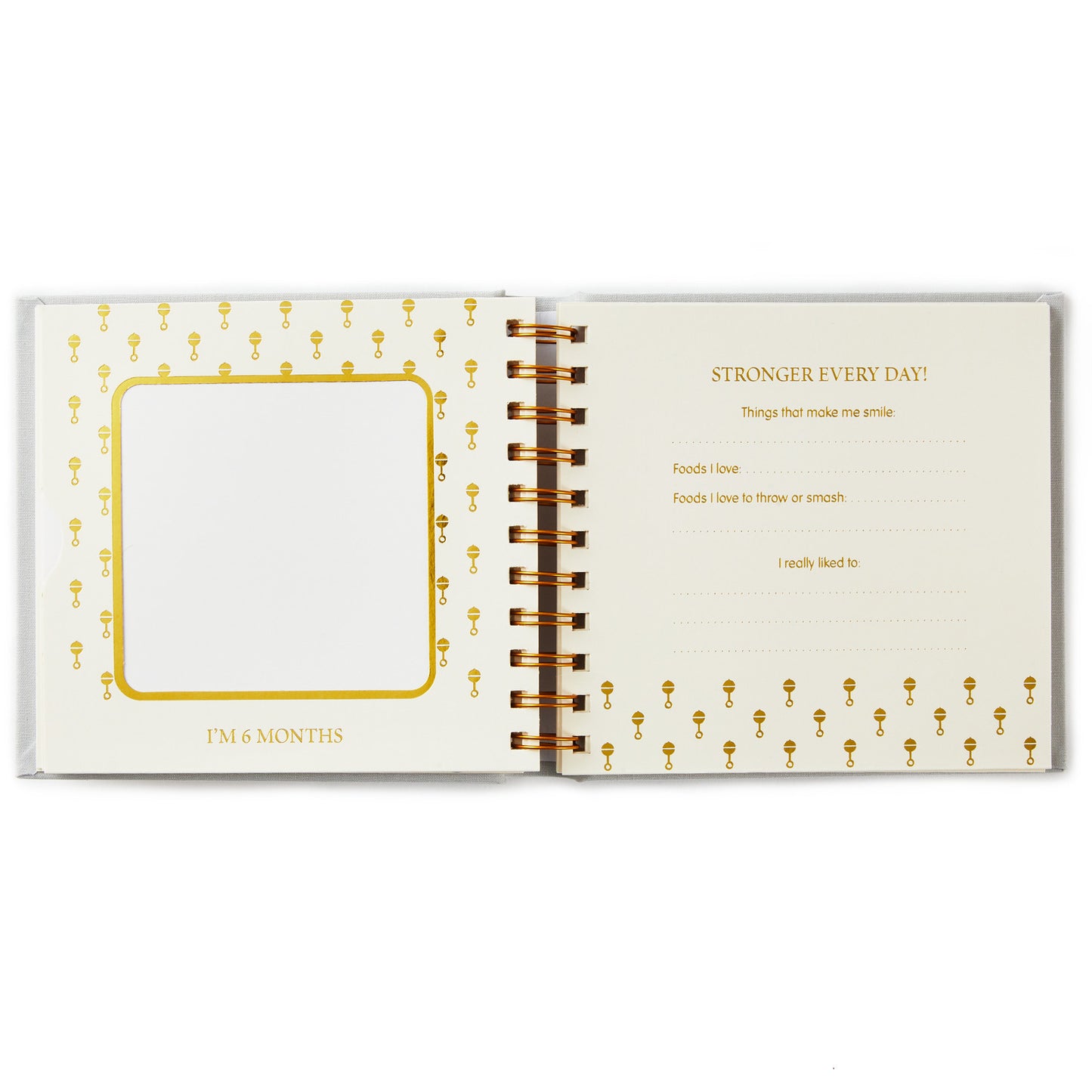 Sweet Baby's First Year Baby Book open to the 6-month page, featuring gold foil details and spaces for writing.