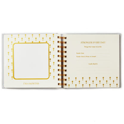 Sweet Baby's First Year Baby Book open to the 6-month page, featuring gold foil details and spaces for writing.