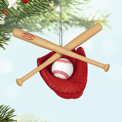 Baseball Star — 2025 Hallmark Keepsake Christmas Ornament featuring a baseball in a red glove with crossed wooden bats, ideal for festive displays.