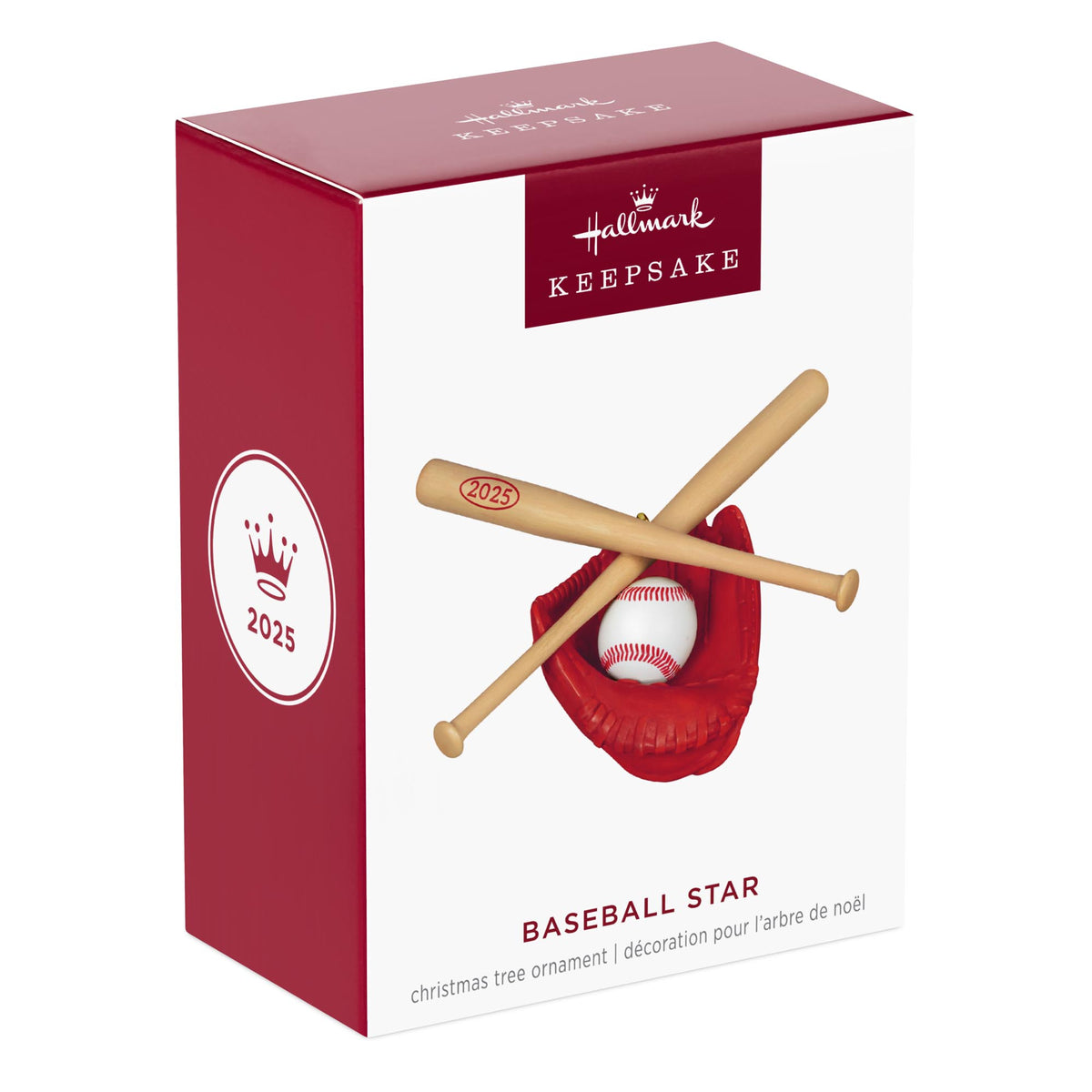 Baseball Star — 2025 Hallmark Keepsake Christmas Ornament, decorative box design featuring a red glove and wooden bats, angled view.