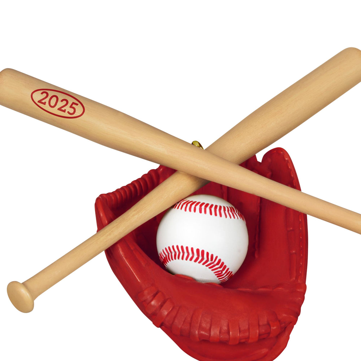 Baseball Star — 2025 Hallmark Keepsake Christmas Ornament featuring a baseball in a red glove with crossed wooden bats, detailed design.