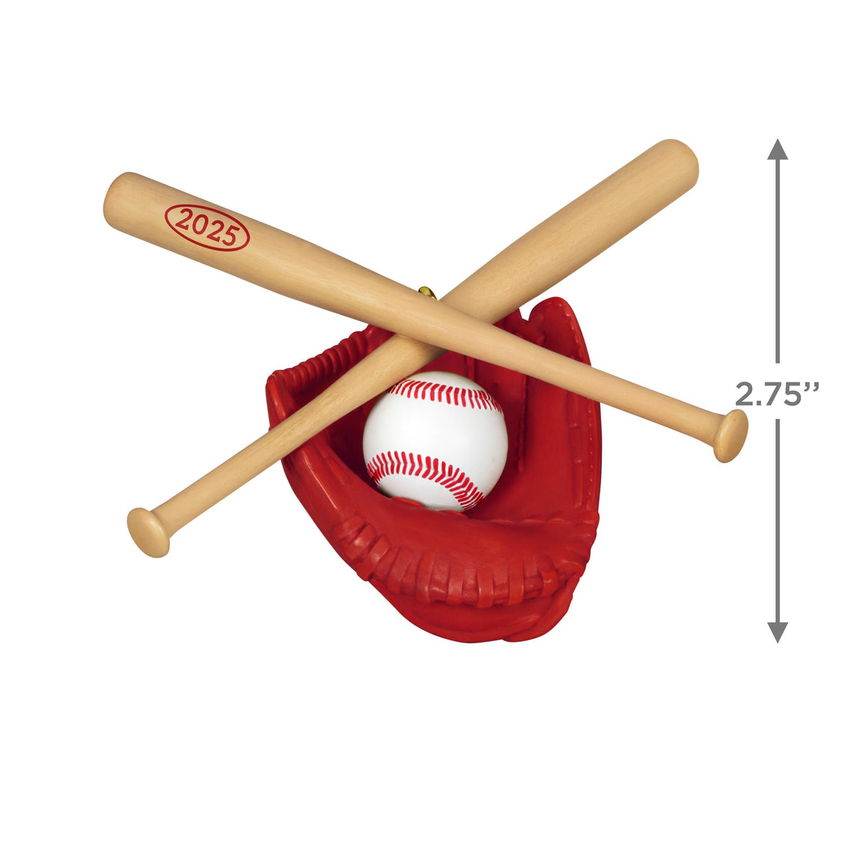 Baseball Star — 2025 Hallmark Keepsake Christmas Ornament featuring a red glove, baseball, and crossed wooden bats in a flat lay.