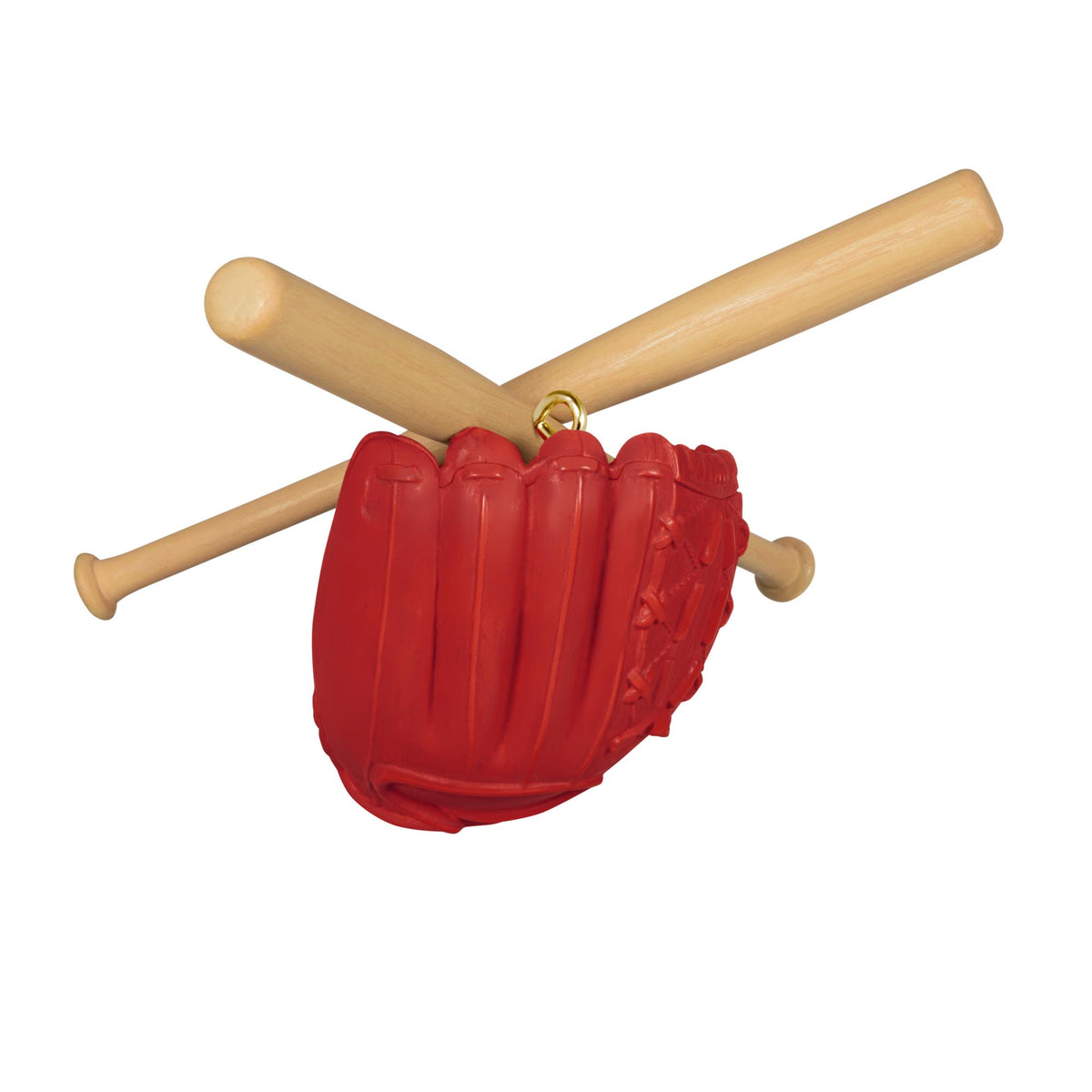 Baseball Star — 2025 Hallmark Keepsake Christmas Ornament, featuring a red glove and crossed wooden bats in a flat lay.