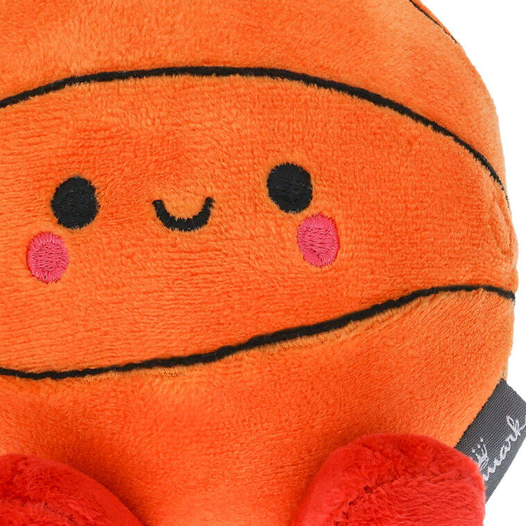 Better Together Basketball and Hoop Magnetic Plush Pair, 6" H, close up of smiling basketball plush toy with embroidered details.