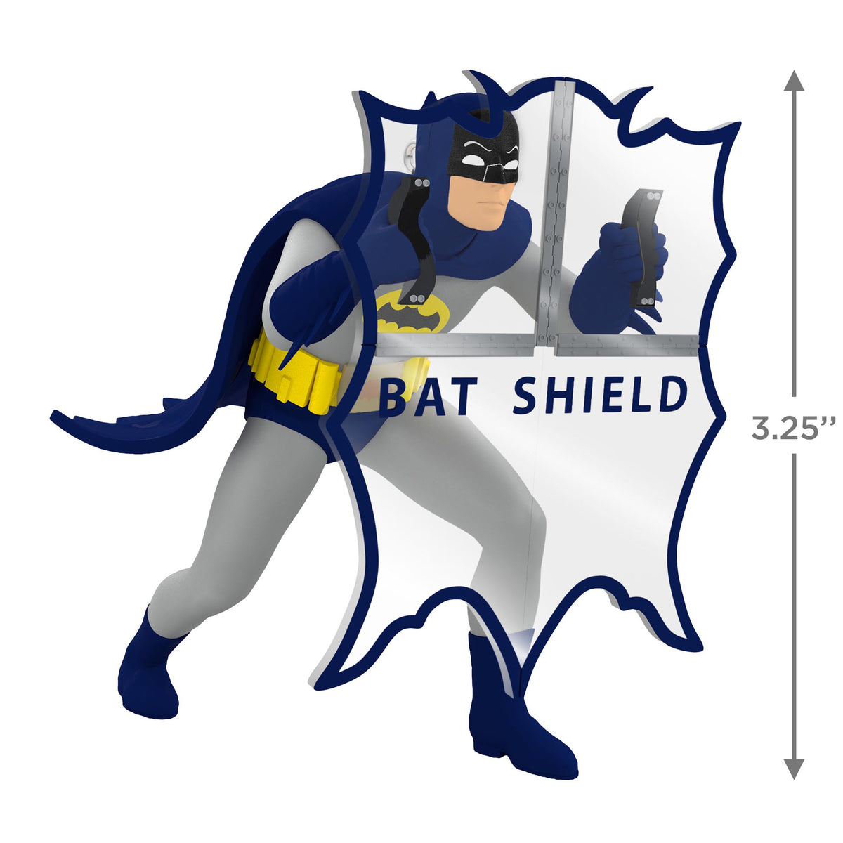 DC Batman™ The Classic TV Series, Behind the Batshield™ — 2025 Hallmark Keepsake Christmas Ornament, angled view, 8.25 cm tall, featuring Batman with Bat Shield