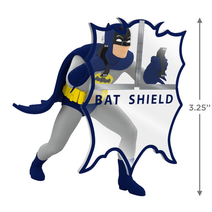 DC Batman™ The Classic TV Series, Behind the Batshield™ — 2025 Hallmark Keepsake Christmas Ornament, angled view, 8.25 cm tall, featuring Batman with Bat Shield