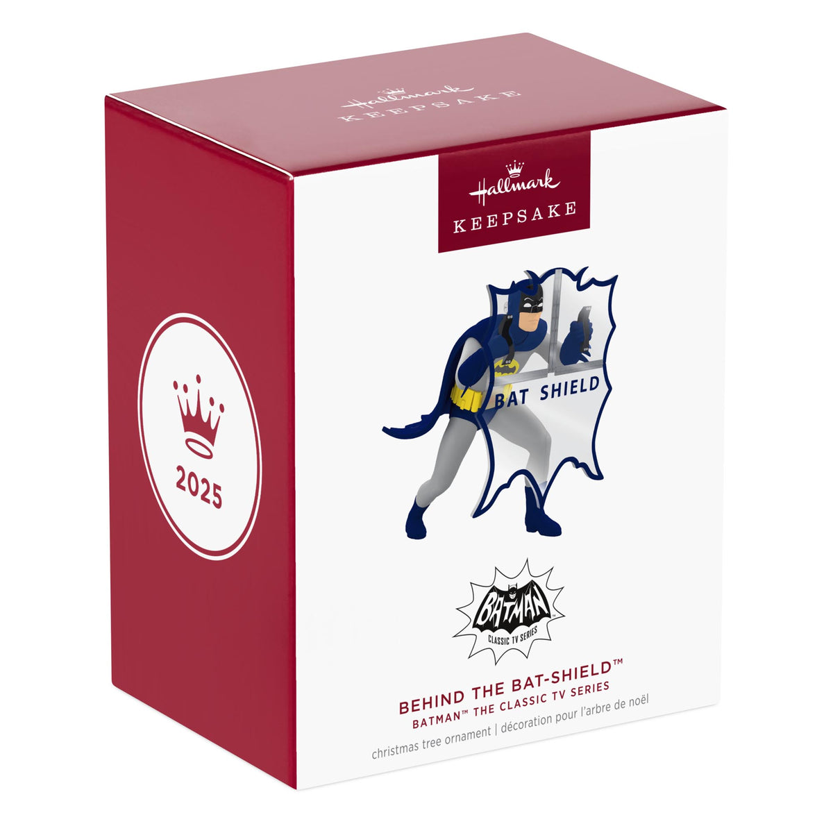 DC Batman™ The Classic TV Series, Behind the Batshield™ — 2025 Hallmark Keepsake Christmas Ornament packaging in red and white box, featuring Batman and Bat Shield design.
