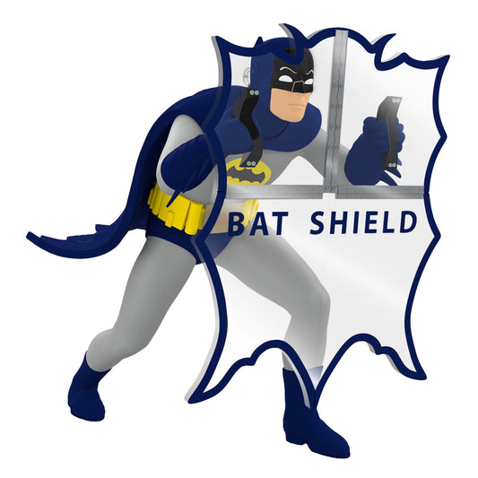 DC Batman™ The Classic TV Series, Behind the Batshield™ — 2025 Hallmark Keepsake Christmas Ornament, Batman holding Bat Shield, angled view.