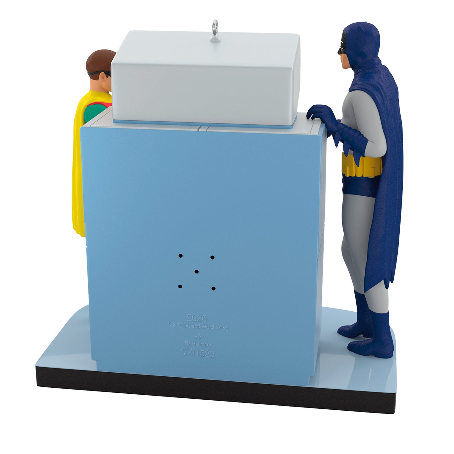 Batman™ The Classic TV Series Batcomputer With Light and Sound — 2026 Hallmark Keepsake Christmas Ornament, back view with Batman and Robin figures