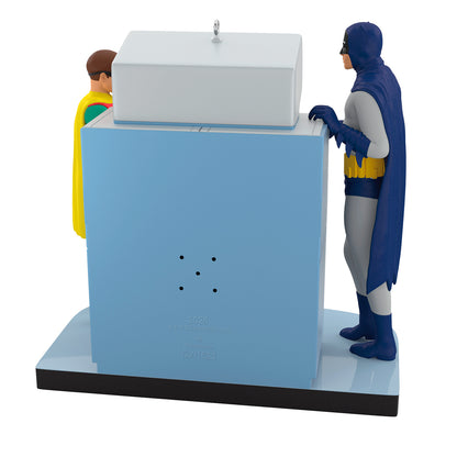 Batman™ The Classic TV Series Batcomputer With Light and Sound — 2026 Hallmark Keepsake Christmas Ornament, back view with Batman and Robin figures