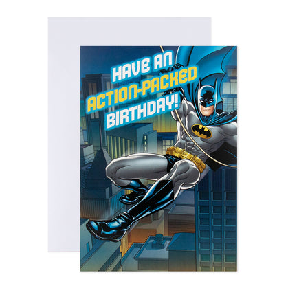 Hallmark Interactive Sound Card - Batman featuring vibrant artwork of Batman with 'Have an action-packed birthday!' message in bold text.