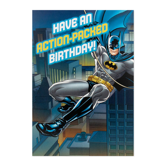 Hallmark Interactive Sound Card - Batman features Batman soaring above a city with the text 'Have an action-packed birthday!'