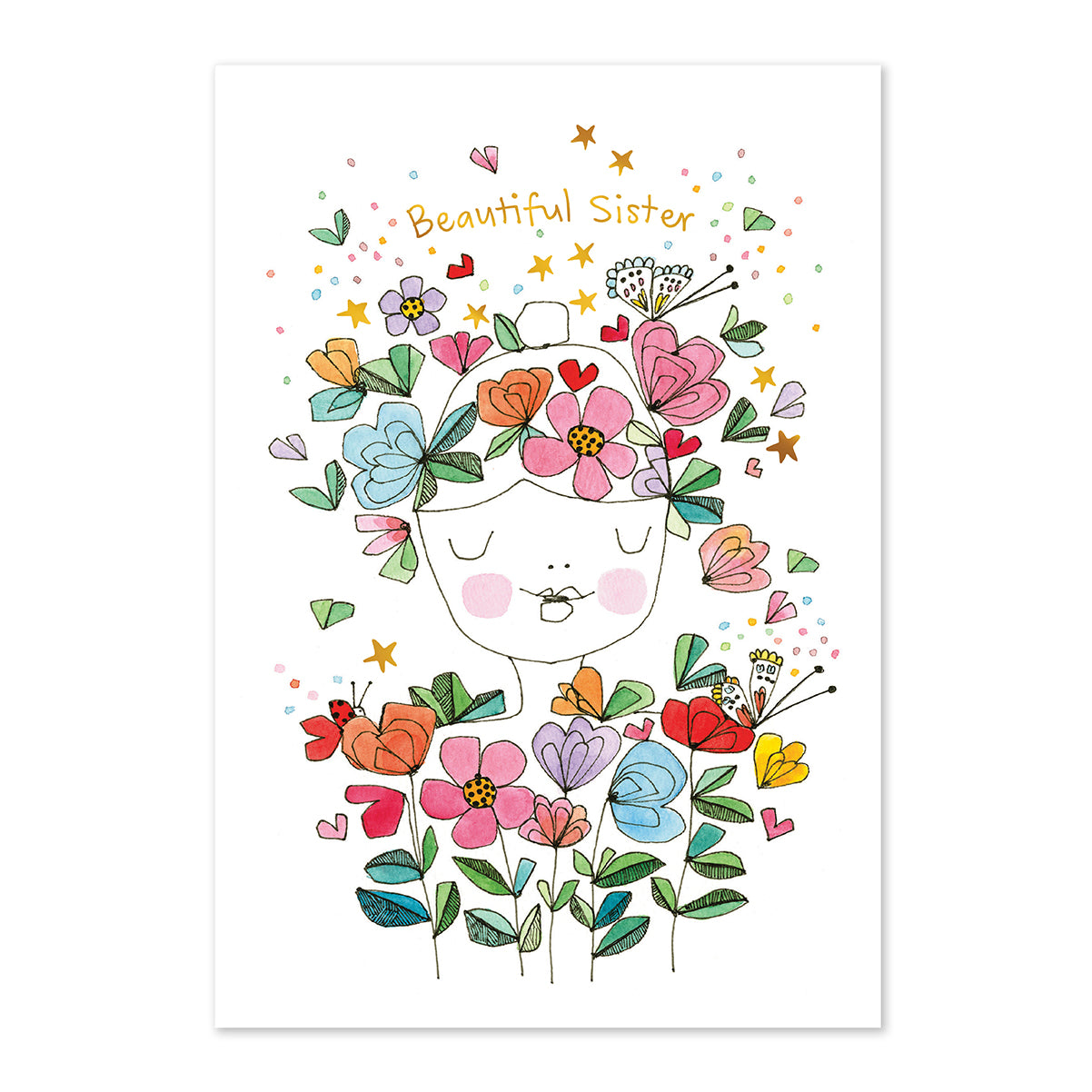Illustration of a girl with flowers and 'Beautiful Sister' text on a white background