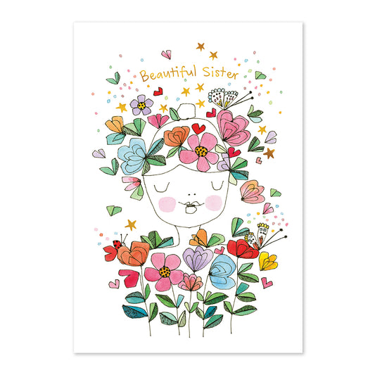 Illustration of a girl with flowers and 'Beautiful Sister' text on a white background
