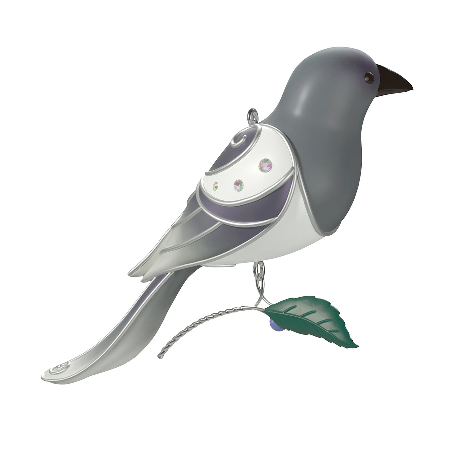 The Beauty of Birds Ghost Magpie — 2026 Hallmark Keepsake Christmas Ornament, grey and white metal bird with gem details and berry stem.