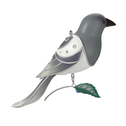 The Beauty of Birds Ghost Magpie — 2026 Hallmark Keepsake Christmas Ornament, grey and white metal bird with gem details and berry stem.