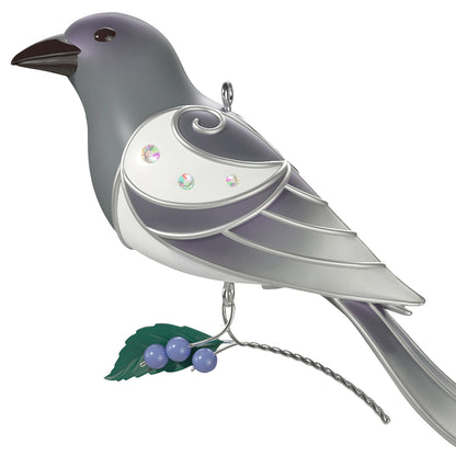 The Beauty of Birds Ghost Magpie — 2026 Hallmark Keepsake Christmas Ornament in elegant grey and white with gem details and a dangling berry stem.
