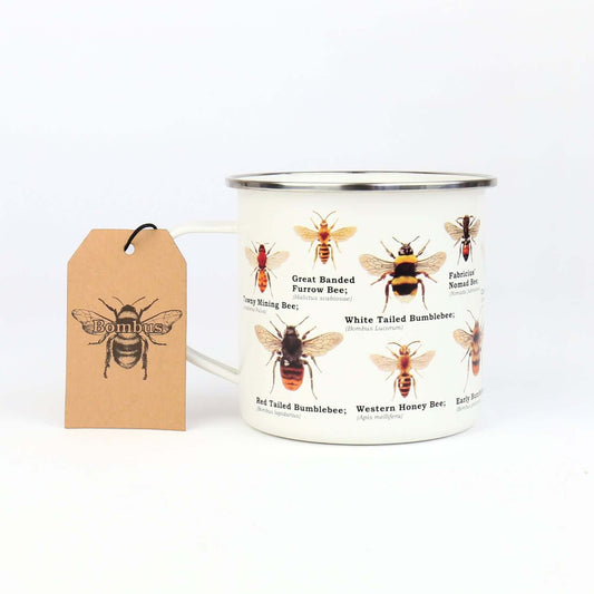 Gift Republic - Bee Enamel Mug featuring bee illustrations and a tag, showcasing varying bee species design on enamel material.