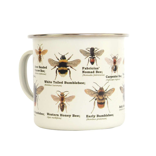 Gift Republic - Bee Enamel Mug featuring detailed bee illustrations, angled view showcasing diverse bee species on white enamel surface.