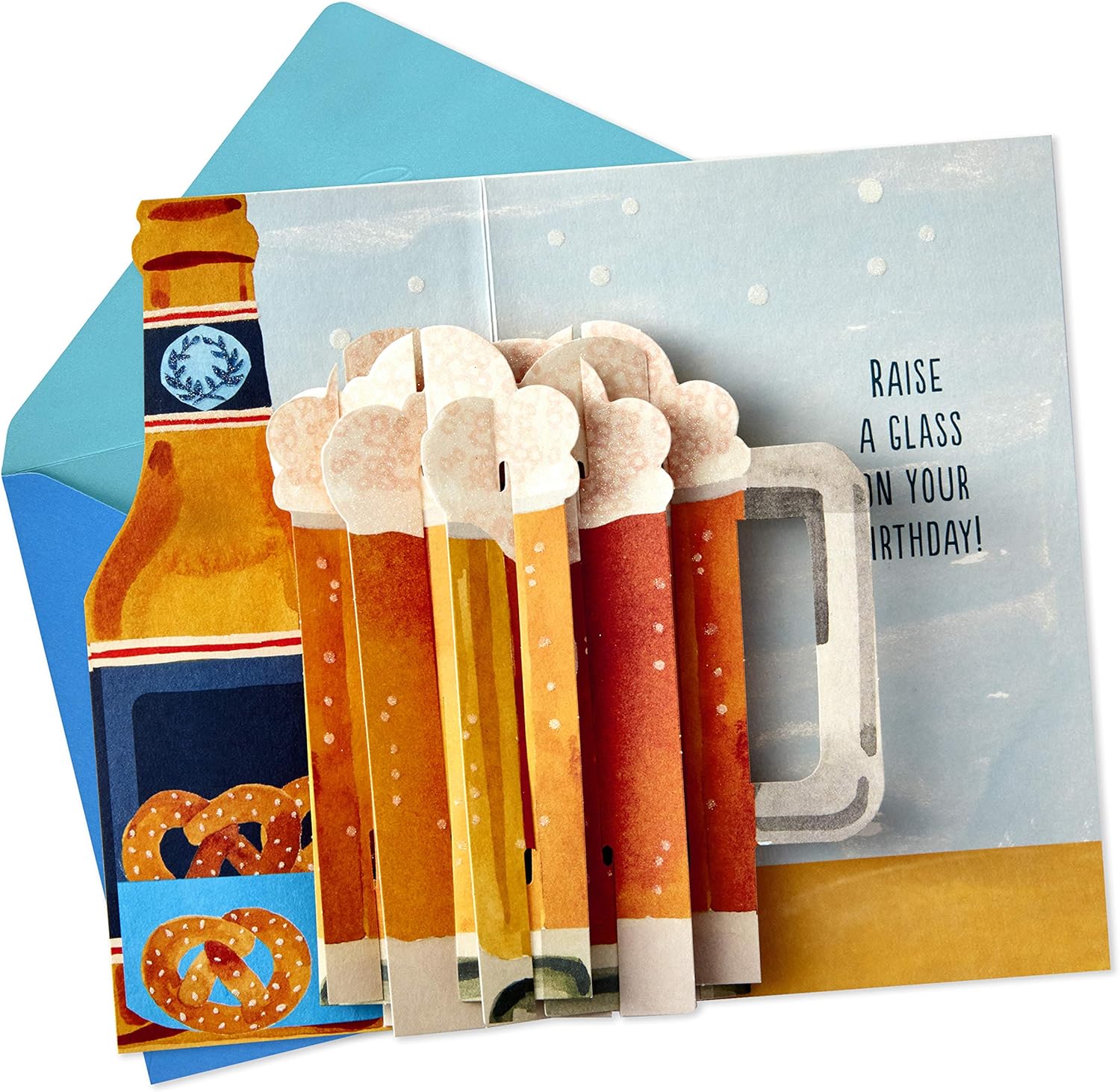Hallmark Paper Wonder Displayable Pop Up Birthday Card (Beer) with 3D beer mugs, blue envelope, and pretzel detail.