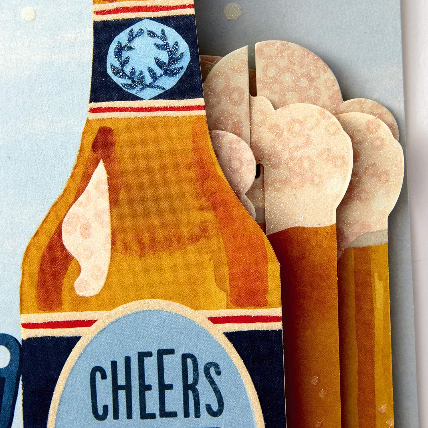 Hallmark Paper Wonder Displayable Pop Up Birthday Card (Beer) close up of die cut beer bottle with frothy mugs inside