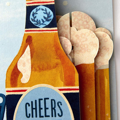 Hallmark Paper Wonder Displayable Pop Up Birthday Card (Beer) close up of die cut beer bottle with frothy mugs inside