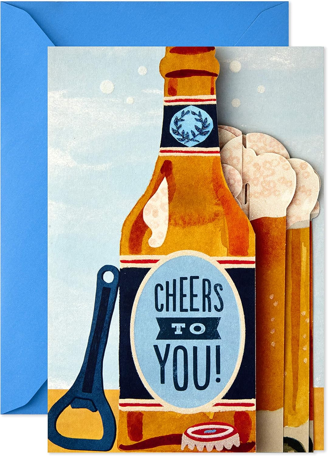 Hallmark Paper Wonder Displayable Pop Up Birthday Card (Beer) featuring a beer bottle and frothy mugs on colourful design.
