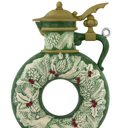 Beer stein — 2025 Hallmark Keepsake Christmas Ornament featuring a mottled green finish and intricate evergreen wreath design.