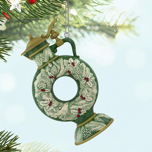 Beer Stein — 2025 Hallmark Keepsake Christmas Ornament in a detailed evergreen wreath design, hanging from a Christmas tree branch.