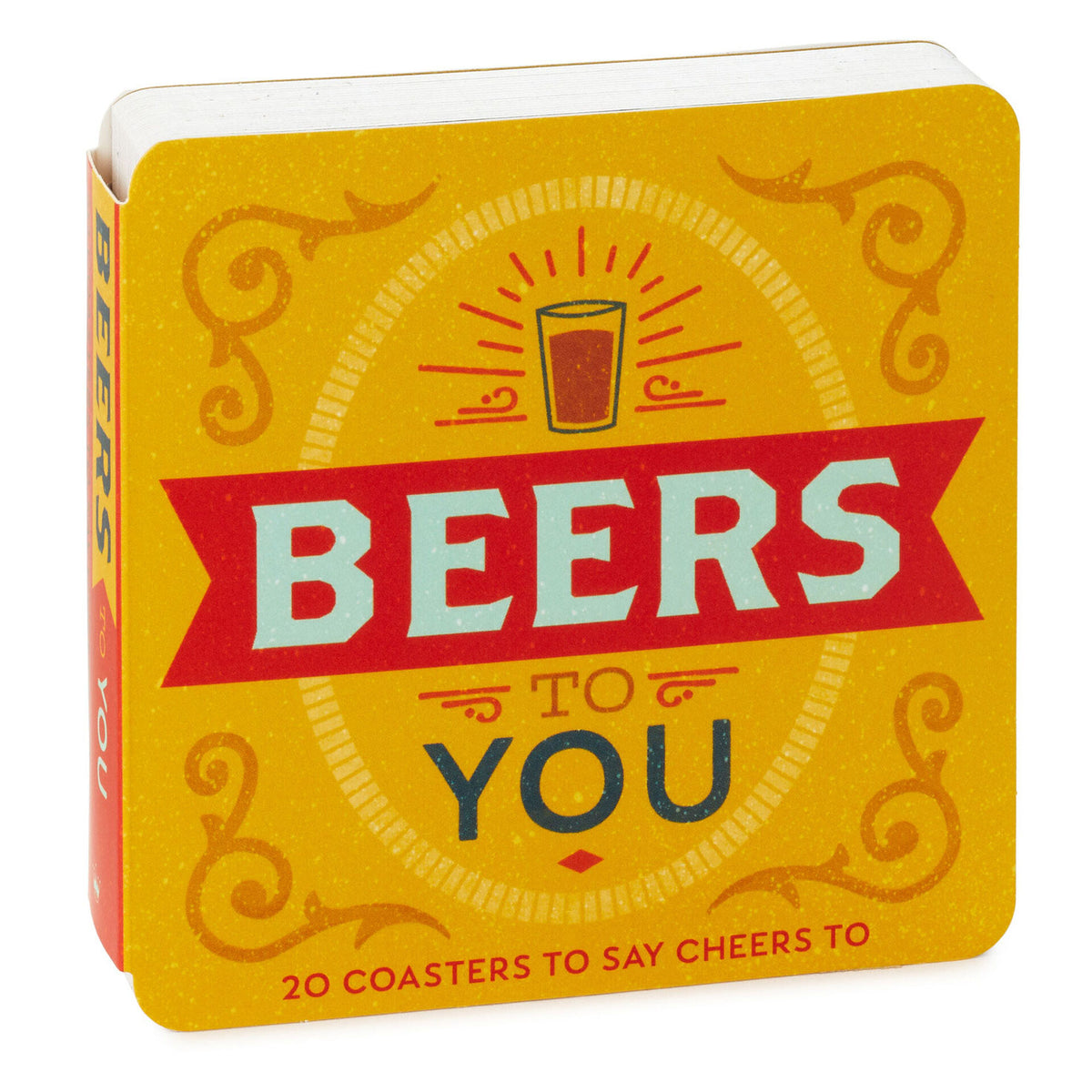 Beers to You: 20 coasters to say cheers to book, hardcover design in bright yellow with bold typography, angled view.