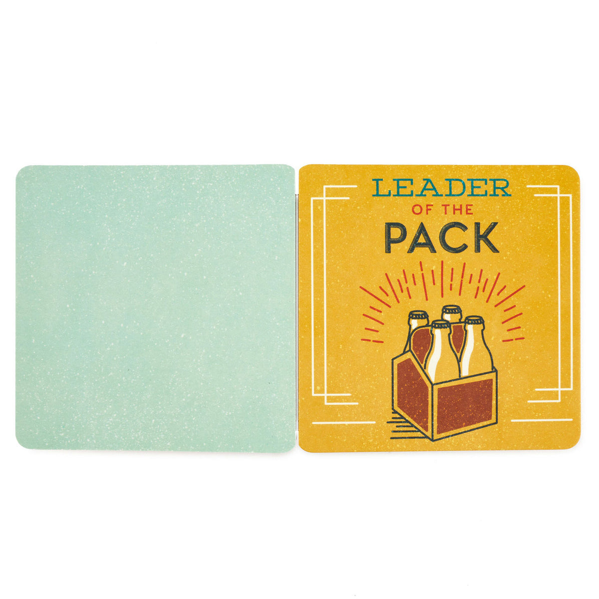Beers to You: 20 Coasters to Say Cheers to Book featuring bright yellow coaster with 'Leader of the Pack' typography and vintage bottle illustration.