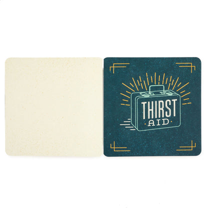 Beers to You: 20 Coasters to Say Cheers to Book with 'Thirst Aid' design, close up view showing vibrant typography and sturdy material.