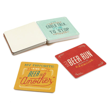 Beers to You: 20 Coasters to Say Cheers to Book, featuring humorous drink coasters in vibrant colours with witty phrases.