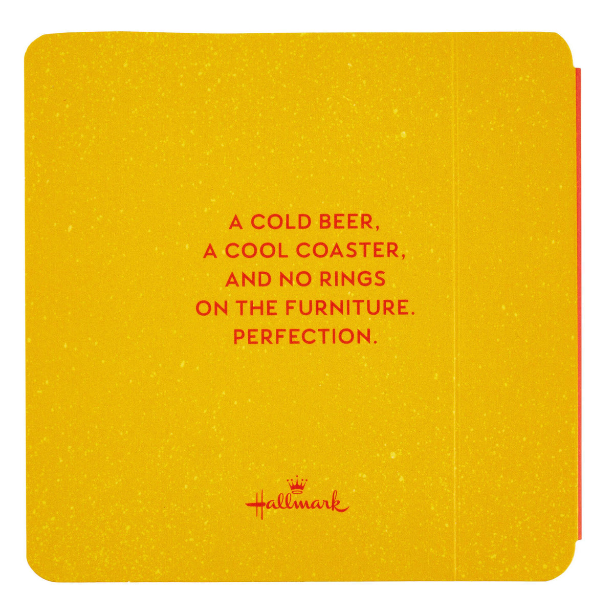 Beers to You: 20 Coasters to Say Cheers to Book, humorous yellow coaster with text on a flat lay background.