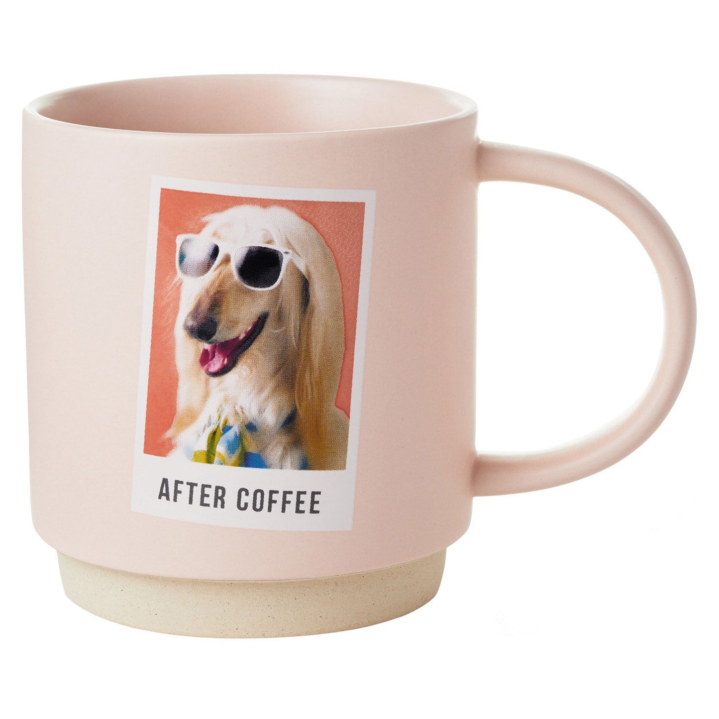 Before and After Coffee Funny Mug, 16 oz., pink ceramic, featuring a dog wearing sunglasses after coffee