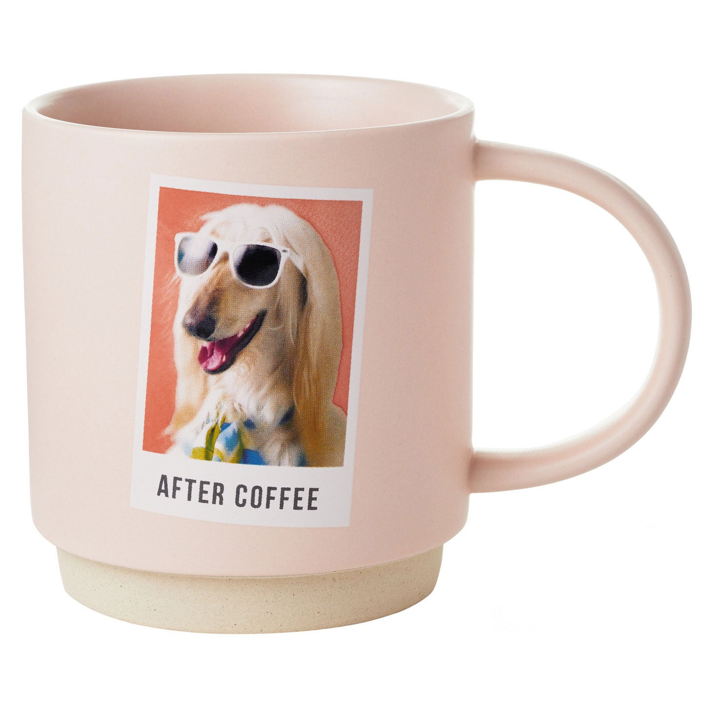 Before and After Coffee Funny Mug, 16 oz., pink ceramic, featuring a dog wearing sunglasses after coffee