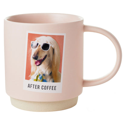 Before and After Coffee Funny Mug, 16 oz., pink ceramic, featuring a dog wearing sunglasses after coffee