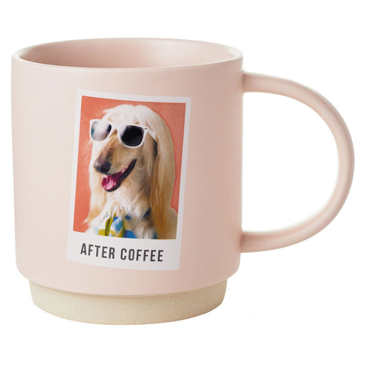 Before and After Coffee Funny Mug, 16 oz., pink ceramic, featuring a dog wearing sunglasses after coffee